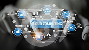 Concepts of Cloud Computing with Digital Graphics Representing Data Security, Storage, Backup, and Connectivity on