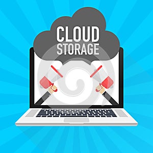 Concepts Cloud storage. Laptop on blue background. Synchronization and storage of data.