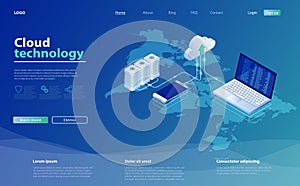 Concepts Cloud storage. Online computing technology. 3d servers and data center connection network.