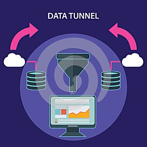 Concepts for creative process, big data filter, data tunnel and analysis. Flat vector illustration
