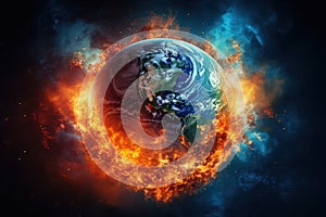 concepts of global catastrophe. The planet earth is on fire, in space. Climate change, cataclysms, natural disasters, lead to the