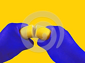 Concepts and ideas of food banana with hand hold and banana deduct on yellow background