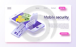 Concepts mobile payments, personal data protection. Online payment protection system concept with smartphone and credit card.