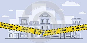 Concepts of open lockdown after coronavirus pandemic outbreak. Torn yellow tape over city. Stock vector illustration