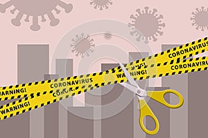 Concepts of open lockdown after pandemic outbreak. Torn yellow tape with scissors over city. Stock vector illustration