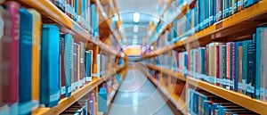 Concepts related to bookstores, businesses, or education with a blurred college library bookshelves