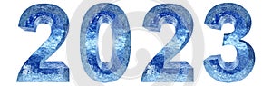 Conceptual 2023 year made of blue ice font isolated on white background. An abstract 3D illustration as a metaphor
