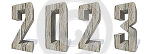 Conceptual 2023 year made of wood or wooden font isolated on white background. An abstract 3D illustration as a