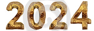 Conceptual 2024 year made of brown ice font isolated on white background. An abstract 3D illustration as a metaphor