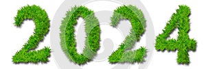 Conceptual 2024 year made of green summer lawn grass symbol isolated on white background.