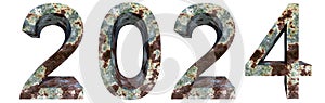 Conceptual 2024 year made of old, rusted metal isolated on white background.