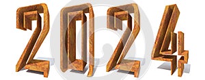 Conceptual 2024 year made of old, rusted metal isolated on white background. An abstract 3D illustration as a metaphor