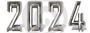 Conceptual 2024 year made of wood or wooden font isolated on white background.