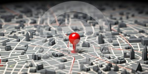 Conceptual 3D City Map with Red Location Pin Marker Highlighting Destination on a Detailed Grey Urban Street Grid Background for