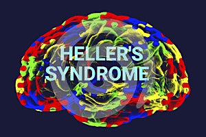 A conceptual 3D illustration featuring the text Heller's syndrome inside the anatomical model of a human brain with