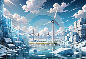 Conceptual 3D illustration of green energy with wind turbines and icebergs, generative ai