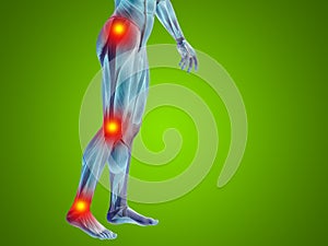 Conceptual 3D illustration of human man anatomy lower body or health design, joint or articular pain, ache or injury on green