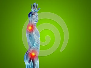 Conceptual 3D illustration human man anatomy upper body or health design, joint or articular pain, ache or injury on green