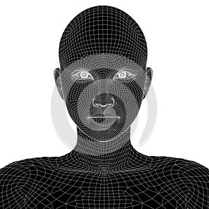 Conceptual 3D wireframe human female or woman face or head