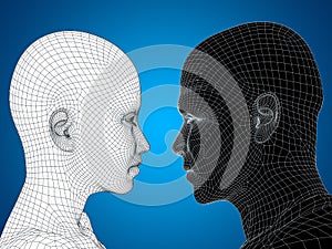 Conceptual 3D wireframe or mesh human male and female head