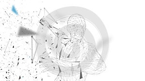 Conceptual abstract man is doing powerful punch. Connected lines, dots, triangles, particles. Artificial intelligence