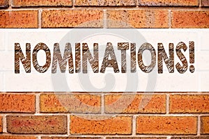 Conceptual announcement text caption inspiration showing Nominations. Business concept for Election Nominate Nomination written on