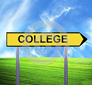 Conceptual arrow sign against beautiful landscape with text - COLLEGE