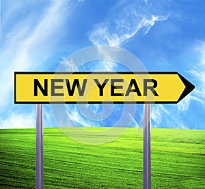 Conceptual arrow sign against beautiful landscape with text - NEW YEAR