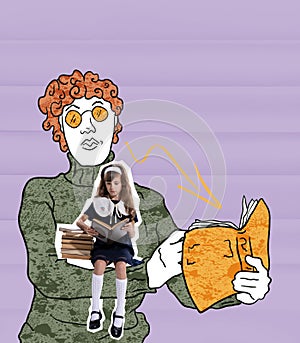 Conceptual art collage with little girl reading books over drawn portrait of woman. Concept of inner child, childhood