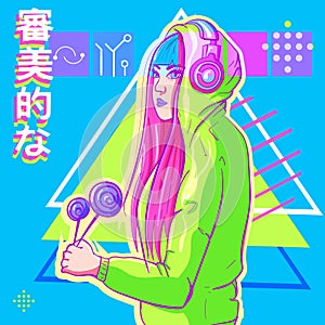 Conceptual art of a girl in green hoodie wearing headphones on a virtual reality world. Science fiction background with triangles