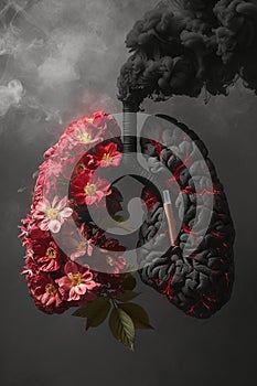 Conceptual art of healthy versus unhealthy lungs with flowers and smoke,. Generated AI