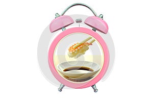 Conceptual art sushi time : holding shrimp sushi and sauce within pink alarm clock isolated on white background