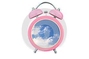 Conceptual art time to relax : sky and cloud within pink alarm clock isolated on white background