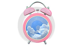 Conceptual art time to relax : sky and cloud within pink alarm clock isolated on white background