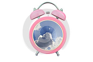 Conceptual art time to relax : sunlight shining through cloud within pink alarm clock isolated on white background