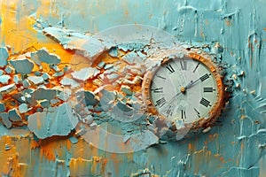 Conceptual art, time transience, peeling paint and clock