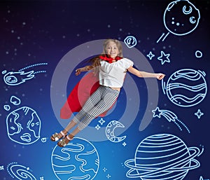 Conceptual artwork with little girl flying in her dreams among drawn planets in outer space. Ideas, inspiration