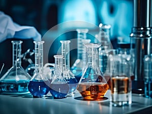 Conceptual background with chemical flasks and test tubes in a scientific laboratory.