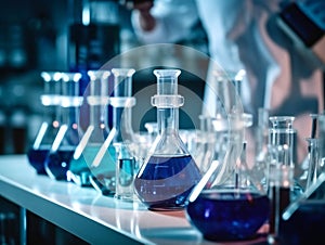 Conceptual background with chemical flasks and test tubes in a scientific laboratory.