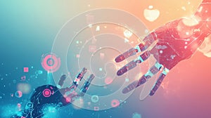 Conceptual background image with 3D rendering robot hand touching media screen