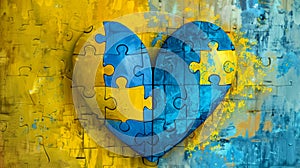 Conceptual Background with a yellow-blue heart made of puzzle pieces.