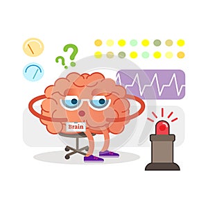 Conceptual brain cartoon character monitoring and receiving signals. Health care and medicine.