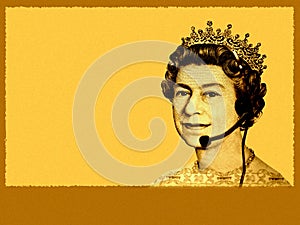 Conceptual business/customer service. The head of England currency- Queen, with headset