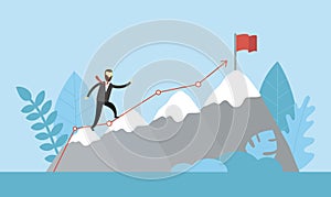 Conceptual Business Illustration In Cartoon Flat Style Of Male Character Climbing High Grey Mountains To Red Flag