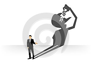 Conceptual of businessman casting a shadow shaped like devil that eating dollar