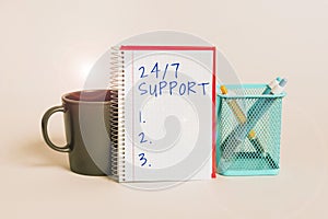 Conceptual caption 24 7 Support. Conceptual photo Giving assistance to service whole day and night No downtime Cup