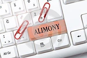 Sign displaying Alimony. Word for money paid to either husband or wife after a divorce by court order Upgrading And