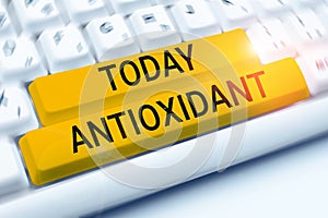 Conceptual caption Antioxidant. Internet Concept a substance that inhibits oxidation or reactions by oxygen