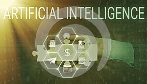 Conceptual caption Artificial Intelligence. Business concept Machine copy Cognitive function like Problem Solving Hand