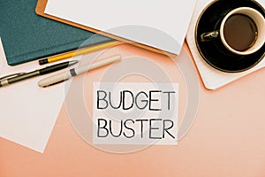 Conceptual caption Budget Buster. Business idea Carefree Spending Bargains Unnecessary Purchases Overspending Office